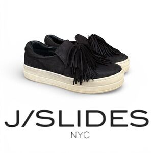 J/Slides Aria Fringe Platform Leather Sneaker in Black Size 7